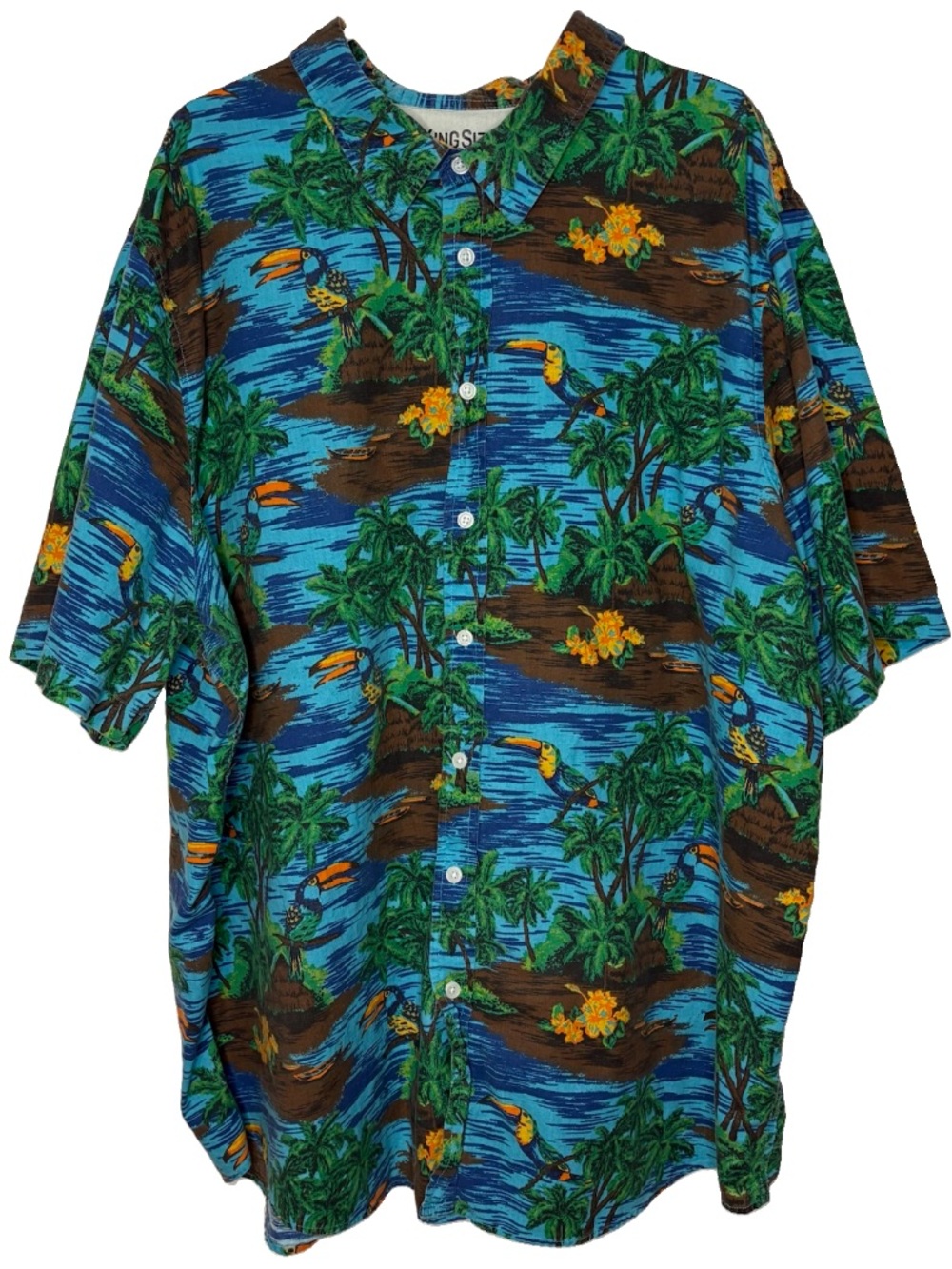King Size Island Mens Hawaiian Shirt Tropical Bird Print Blue Size 4XL Tall